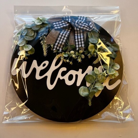 Welcome Wood sign Eucalyptus Farmhouse Wreath Rustic Buffalo Bow Front Porch. - Picture 7 of 9